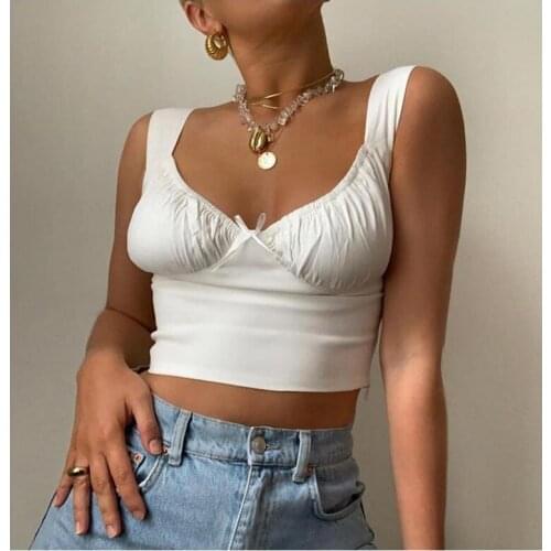 Sexy White Spaghetti Straps Low Cut Bow Ruched Camis Crop Top 2020 Summer Women Sleeveless Camisole Tops Female Skinny Bralette