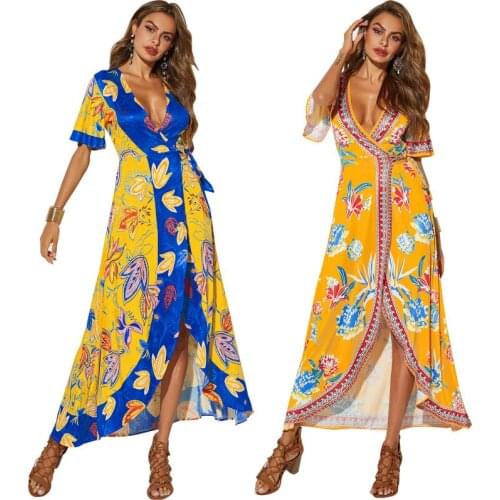 HLBCBG Vintage dots print satin women summer dress 2019 Elegant v neck wrap sashes dresses Sexy female party long dress