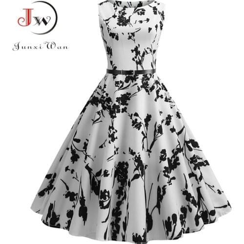 Women Summer Dresses Robe Vintage Retro Pin Up Swing Rockabilly Floral Print White Dress Plus Size Casual Beach Midi Vestidos