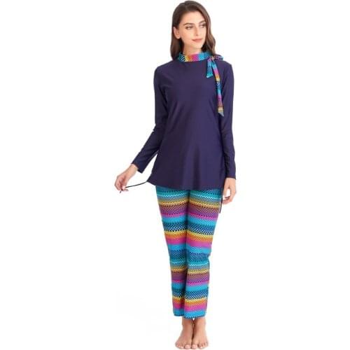 2020 Muslim Swimsuit Islamic Stripe Printing Modest Swimwear Full Cover Bearwear Long Sleeve Arab Burkinis Bathing Suit