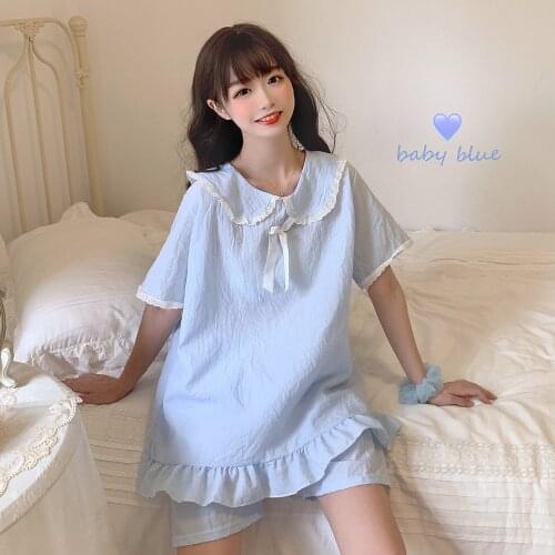 Summer 2020 the New Japanese Sweet and Lovely Little Doll Collar Pyjama Shorts Short Sleeve Piece Female blue lolita dress