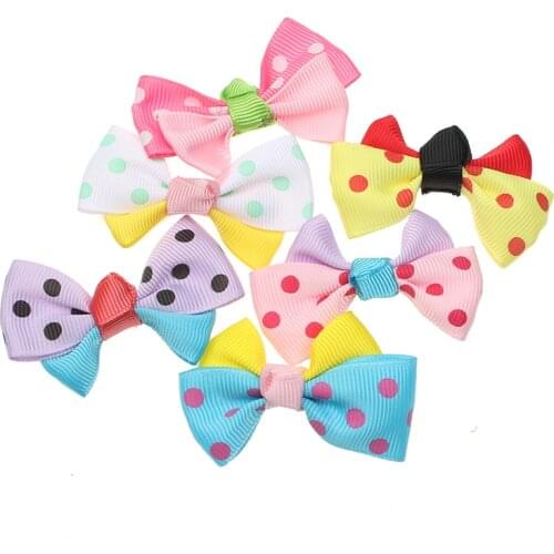 30pcs Spotted Corrugated Baby Satin Ribbon Rhinestone Bowknot Hair Clips Applique Craft Wedding Bow Tie Scrapbooking Decoration
