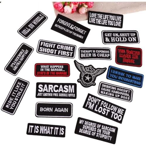 Biker Black White English Letters Slogan Embroidery Patch for Clothing Iron on Clothes Bag Jacket Stripe Applique Sticker Badge