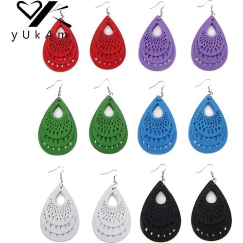 YUKAM Bohemian Mixed Color Natural Wood Dangle Earrings Handmade Long Hollow Water Drop African Wooden Earring for Women Jewelry