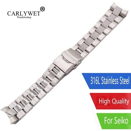 CARLYWET 22mm Silver 316 Steel Solid Curved End Solid Links Replacement Watch Band Strap Bracelet Double Push Clasp For Seiko
