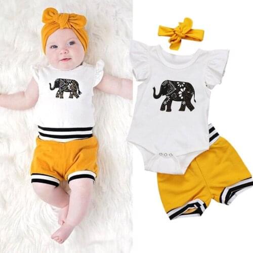3PCS Newborn Baby Girls Clothes Elephant Printed RuffleTops T-shirt Shorts Bottoms Headband Outfit Baby Summer Clothing