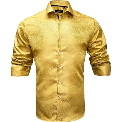 Hi-Tie Luxury Yellow Floral Solid Silk Mens Shirt New Arrival Slim Fit Male Shirt Long Sleeve British Style Mens Shirt Office