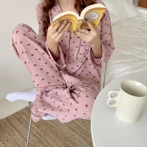QWEEK Cotton Sleepwear Korean Womens Pajamas Cute Heart Print Pyjamas Long Sleeve Pijama Autumn Female Set Cardigan Negligee