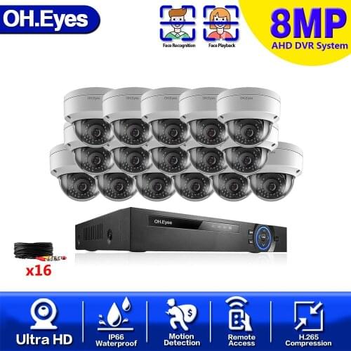 16Pcs Face Detection CCTV Camera Kit 4K Outdoor Surveillance Kit 8.0MP IR Security Camera Video Surveillance System 16CH DVR Kit
