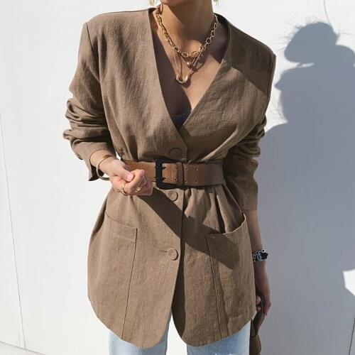 Korean Chic Temperament Retro V-Neck Three Buttons Loose Casual Two-Pocket Cardigan Suit Jacket with Belt Women