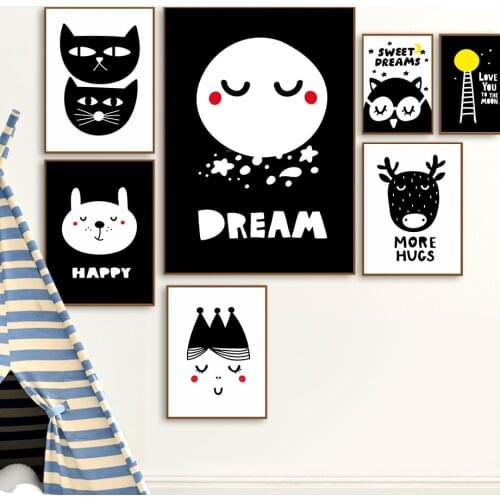 Cat Owl Deer Rabbit Moon Dream Quotes Nordic Posters And Prints Wall Art Canvas Painting Cartoon Wall Pictures Kids Room Decor