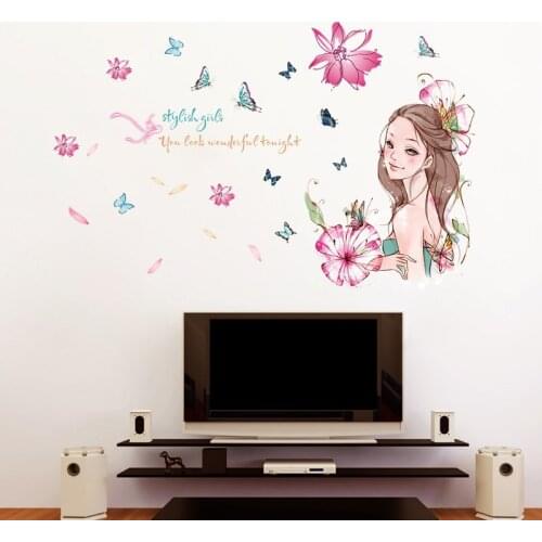Creative Stylish Girl Wall Decals Colorful Butterfly Flower Fairy Wall Stickers Living Room Kids Room Bedroom Home Decoration