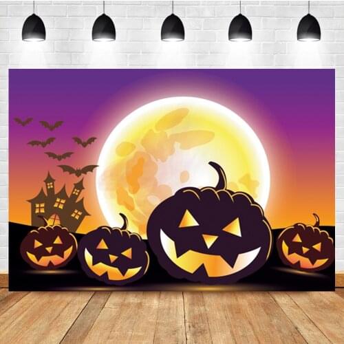 Laeacco Halloween Pumpkin Lantern Moon Castle Bat Birthday Photo Photography Backdrop Photo Background For Photo Studio