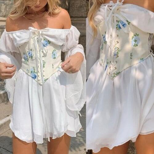 Summer Beach Chiffon Dress Cool Women Dress with Long Flared Sleeves Waist Bandage Party Sundress Tighten White