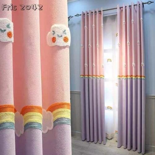 Sweet and Cute Rainbow Cloud Curtains Korean Girl Heart Childrens Room Shading Curtains for Living Dining Room Bedroom