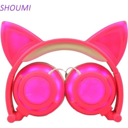 Shoumi Birthday Gifts Cat Ear Headphones Foldable Flashing Cute Cat Students Headset Wired Music Earbuds For Kids Birthday Party