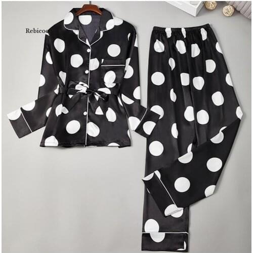 Silk Pajamas Set Women Sexy Print Dot Summer Female Pyjamas Long Shirt 2Piece/Set Stitch Lingerie 2019 Home Sleepwear