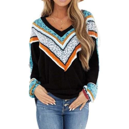 New Autumn Womens V-Neck Leopard Print Stitching Long-Sleeved Sweater Knitted Top Womens Sweaters Fashion 2021 Casual Clothes