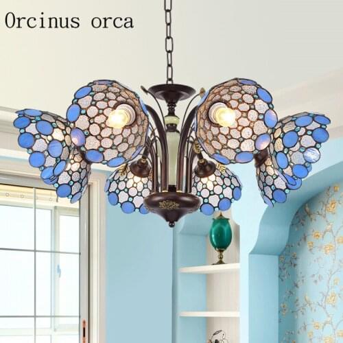 High end Mediterranean blue glass chandelier living room bedroom pastoral village creative personality LED painted chandelier