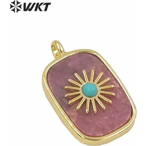 WT-P1590 Amazing gold electroplated bezel natural stone setting square pendant fashion women themed charm stone pendants