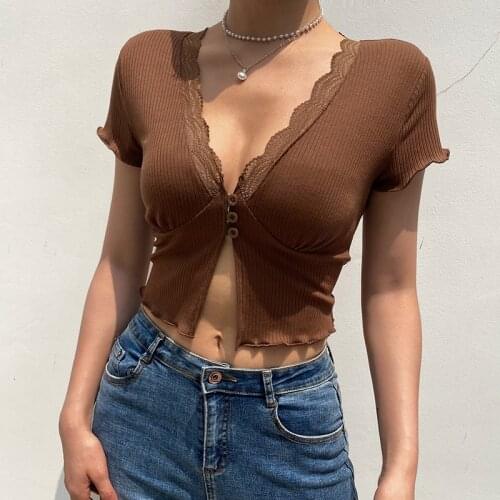 Womens Casual Wild Cropped Blouse Fashion Summer Short Sleeve Lace Trim Solid Color V-Neck Button Open Fit Blouse Tops