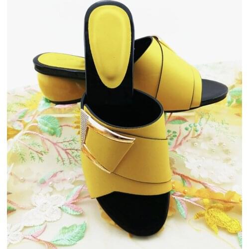 Wonderful yellow women shoes with metal decoration African ladies sandals for dressing QS1904,heel 6CM