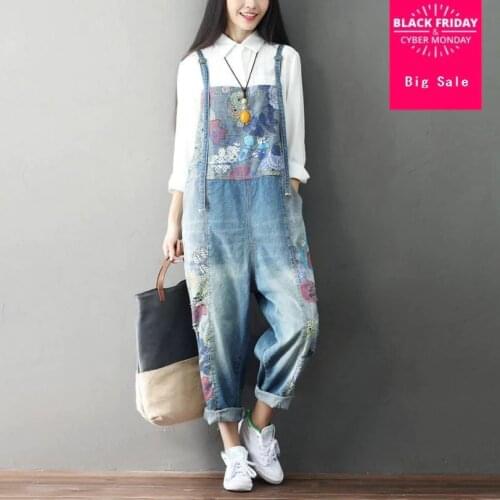 2020 fashion brand plus size printed denim jumpsuits female great quality retro long Playsuits & Bodysuits wj2038 great quality