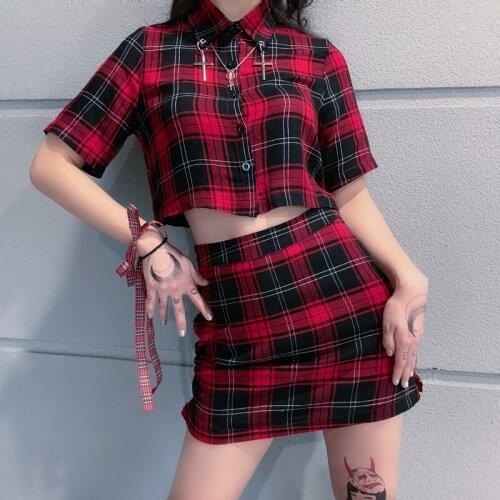 New Harajuku Plaid 2 Piece Sets Women Streetwear Shirt Crop Top Mini Skirt Vintage Fashion Casual Gothic Summer Outfits