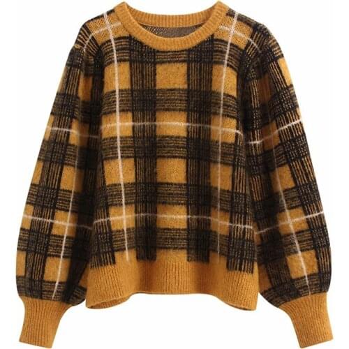 New Womens Retro Checkered Pattern Knit Sweater All-Match Lantern Long Sleeve Oversized Pullover Chic Top
