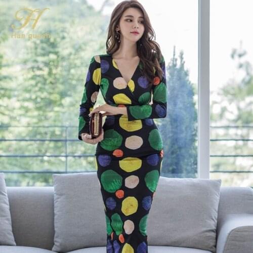 H Han Queen Elegant V-neck Printed Office Pencil Dress Women Autumn Simple Mid-calf Sheath Dresses Casual Party Bodycon Vestidos