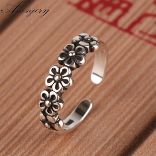 ANENJERY 925 Sterling Silver Jewelry Vintage Rich Flower Thai Silver Ring Female Opening Index Finger Ring S-R264