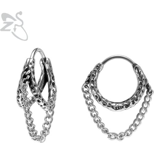 ZS 2PCS 316L Stainless Steel Hoop Earrings Punk Rock Ear Rounds Gothic Chain Earrings for Men Biker Jewelry Accessories