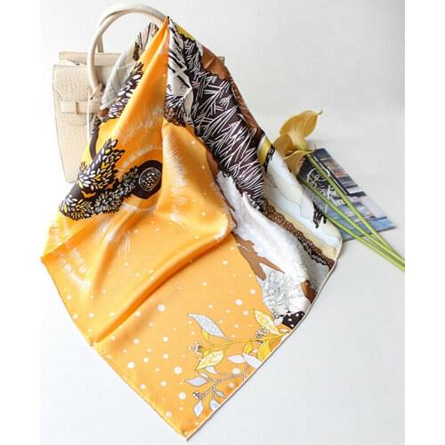 100% Twill Silk Scarf Bandana Women Vintage Square Kerchief Stole Village Print Shawl Hijab Hand Rolled Headband 90*90cm