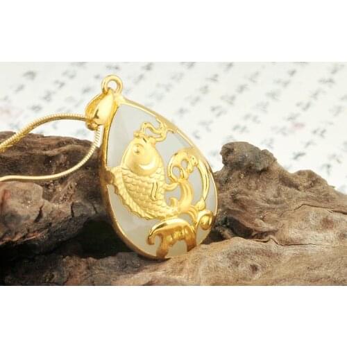 3D gold inlay and field jade squid pendant h40