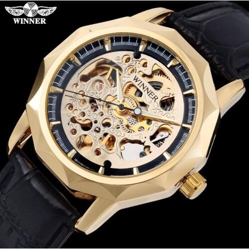 WINNER fashion casual brand men mechanical watches leather strap mens automatic skeleton watches male clock relogio masculino