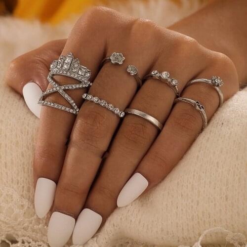 Docona Bohemia Crystal Heart Crown Flower Rings for Women Girl Gothic Joint Midi Ring Set Fashion Jewelry Anillos 8pcs/set 9321