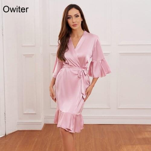 Owiter 2021 New Ruffled Robe Satin Robe Bride Bridesmaid Robes Bridal Robes Bride Team Silk Robes for Women Bathrobe