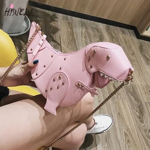 HISUELY Rivet Personality Dinosaur Design Fashion Leather Crossbody Shoulder Mini Messenger Bag Women Chain Purse Female Gift Q5