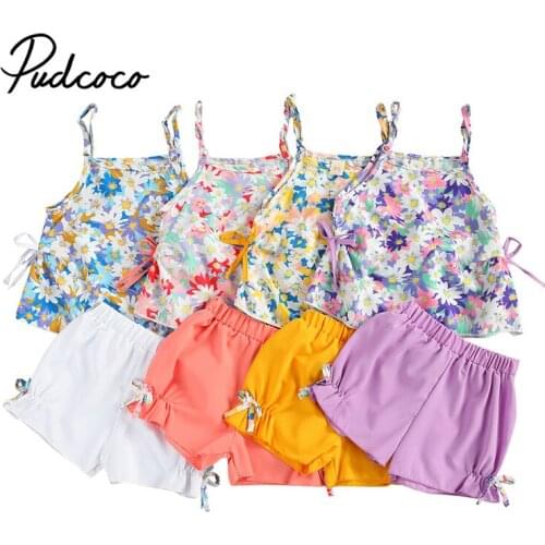 Infant Baby Girl Clothing Set, Flower Print Sleeveless Sling Tops and Shorts Two-piece Suit for Vacation Birthday Party 1-5Y