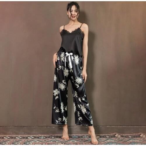 2pcs/lot Womens Pajamas Set Sexy Sleepwear Home Clothes Suit Print Nightwear Underwear Ladies Sling Top Pants