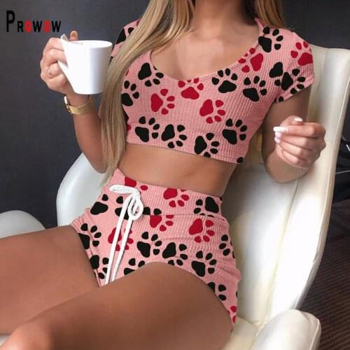 Prowow Print Women Clothing Set Casual Ribbed Home Clothes Short-sleeved Tops Shorts Two Matching Suits Summer Female Sleepwear