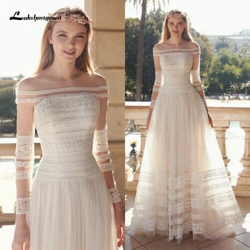 Lakshmigown Long Sleeve Boho Wedding Dress 2021 Lace Beach Bridal Gowns Button Princess Tulle Bridal Dress vestido de novia