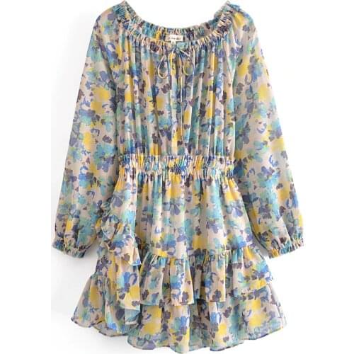 Floral Print Summer Dress 2021 Elegant puff sleeve Ruffle Beach A Line Party Clothing Elastic waist dresses Boho Pleated vestido