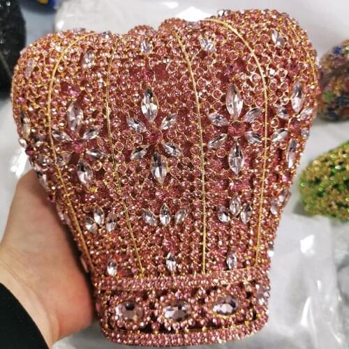 Best Pink Big Rhinestone Evening Bags For Ladies Mini Diamond Wedding Bridesmaid Clutches Fashion Crown Pattern Nightclub Clutch