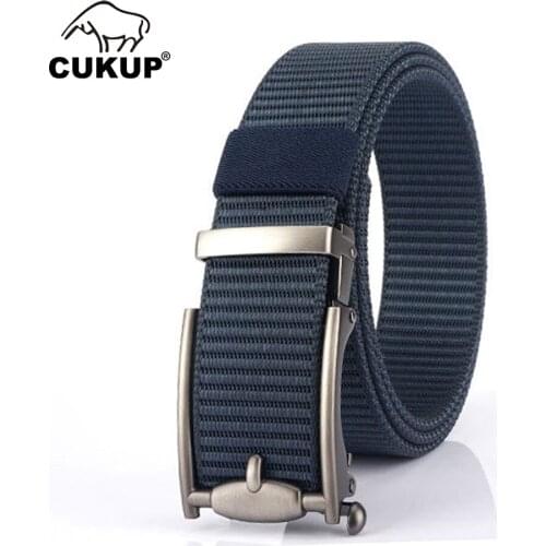 CUKUP Mens 2020 Quality Blue Nylon & Canvas Belts Men Unique Design Fake Automatic Buckle Metal Accessories 3.5cm Width CBCK272