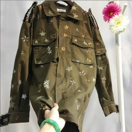 New Women safari Style star sequined Embroidery Zipped women Spring autumn loose lapel top Jacket