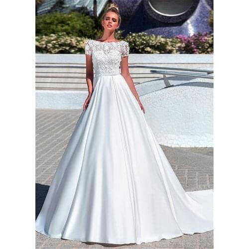 Amazing Satin Bateau Neckline A-line Wedding Dresses With Lace Appliques 3D Flowers Beadings Short Sleeves Bridal Gowns