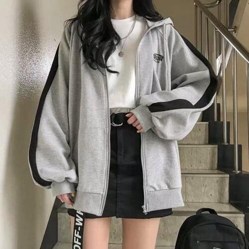 Casual Hooded Sweatshirt Thin Jackets Women 2020 Autumn Winter Harajuku Hoodies Zipper Long Coats Loose Contrast Color Overcoat