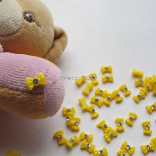 RBR29-8 30pcs Cute Small Yellow Bow with Rhinestone Shape Nail Resin Decoration Outlooking