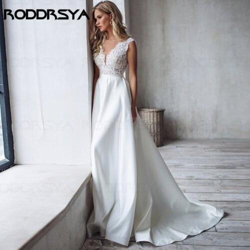 RODDRSYA Satin A-Line Wedding Dresses Scoop Appliques Lace Vintage Wedding Gown Backless Bride Dress vestido de noiva 2021